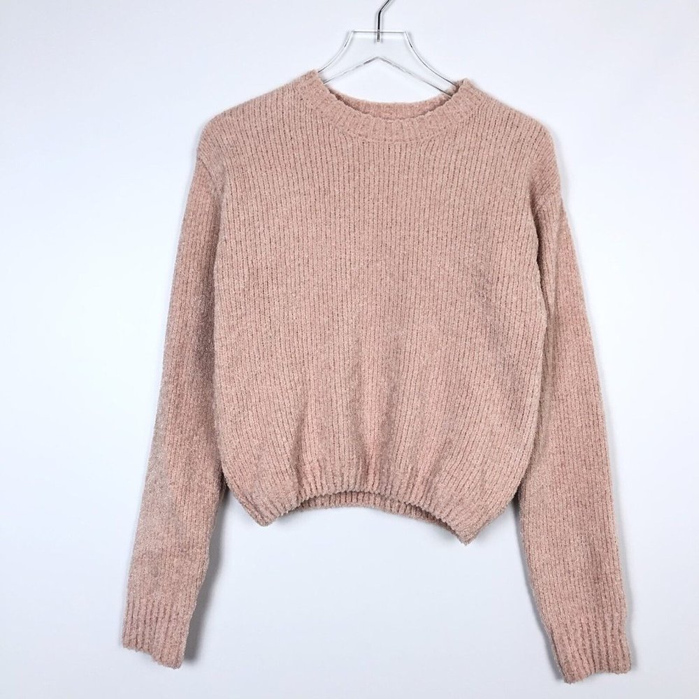 NWT BP XL Pastel Pink Sparkle Chenille Sweater Cropped Crew Neck Soft Girl Cozy